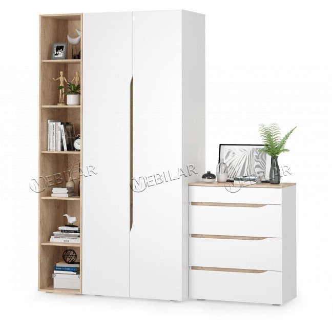 Шкаф с открытым стеллажом и комодом белый дуб эндгрейн элегантный Шкаф с открытым стеллажом и комодом белый дуб эндгрейн элегантный